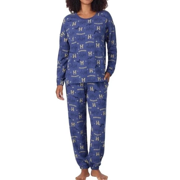 NEW Harry Potter Hogwarts Women's Pajama Set Blue Yellow Print Small Rayon - Picture 1 of 6